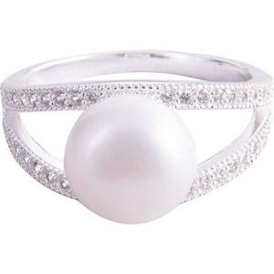 Cradled Pearl Ring with Crystals Size 9